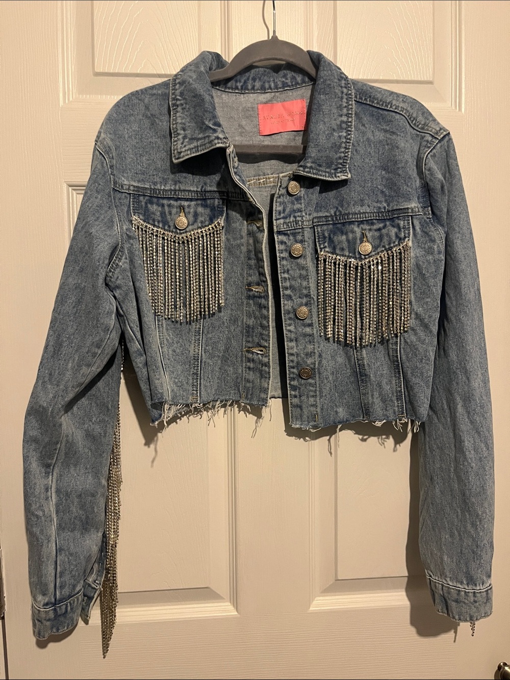 Azalea Wang Cropped Blue Denim Jacket with Rhinestone Fringe